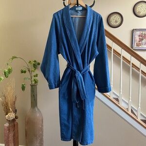 LL Bean Men's Vintage Blue Denim Wrap Duster Trench Size XL